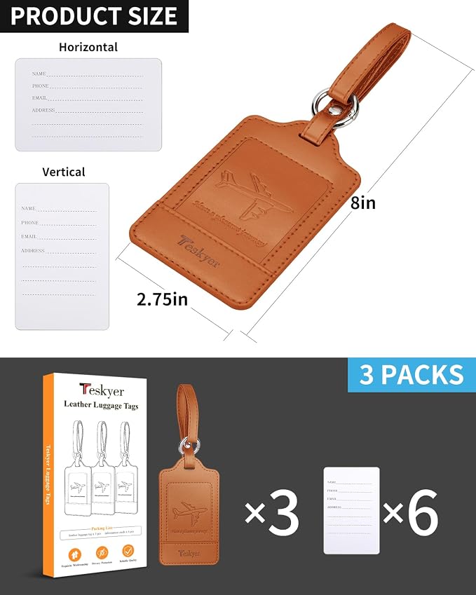Teskyer Luggage Tags, 3 Pack Premium PU Leather Luggage Tags Privacy Protection - Image 7