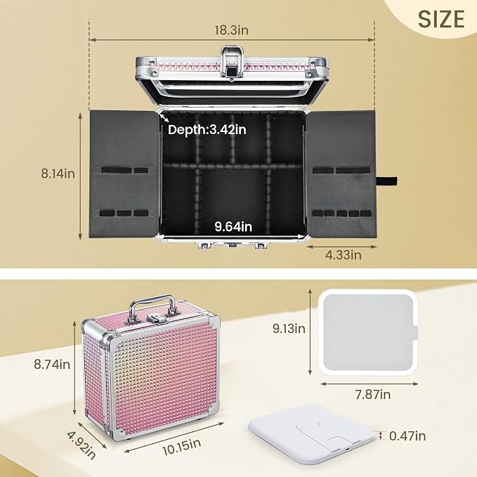Makeup Case with Magnetic Lighted Mirror Makeup Organizer Box Travel Cosmetic - Image 6