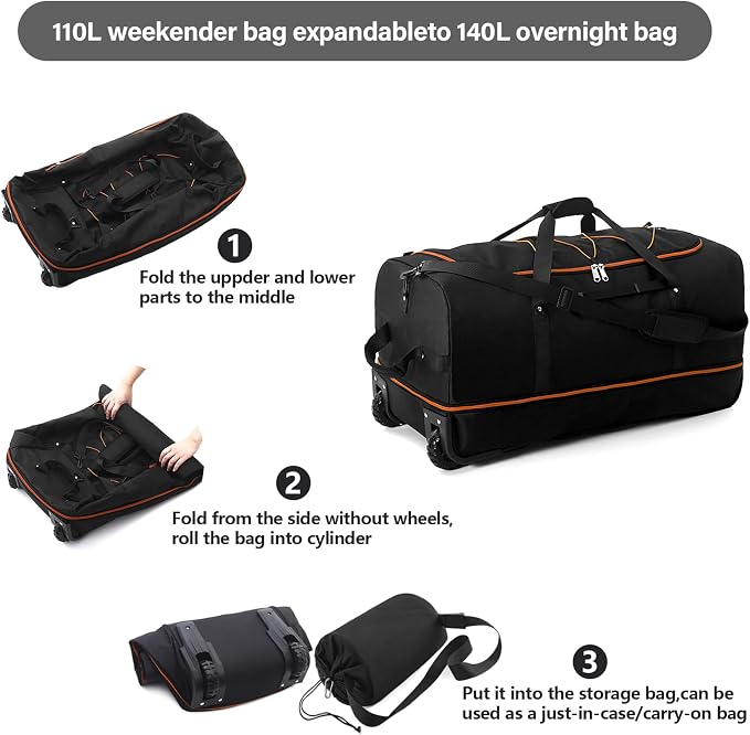 Rolling Duffle Bag with Wheels, 110L/140L Expandable Soft-Sided Foldable Duffle - Image 5