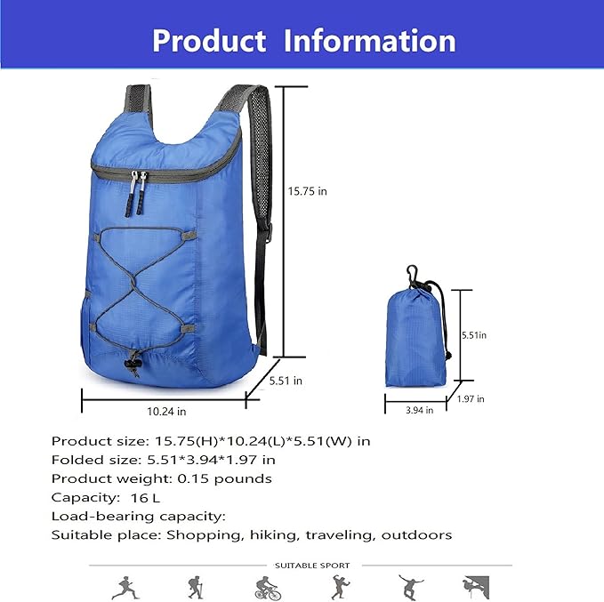 16L Hiking Daypack Lightweight Foldable Travel Backpack Water Repellent Camping - Image 7