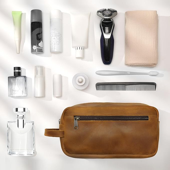 Ringsun Genuine Leather Toiletry Bag, Hanging Makeup Bag - Image 2