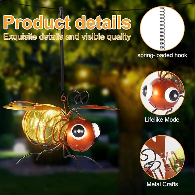 2 Pack Bee Solar Outdoor Hanging Lantern Creative Small Sculpture Lights - Image 6