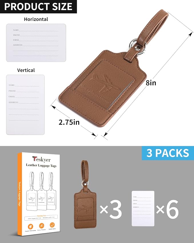 Teskyer Luggage Tags, 3 Pack Premium PU Leather Luggage Tags - Image 7