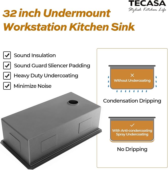 32 Inch Workstation Kitchen Sink, TECASA Undermount Deep Single Bowl, Stainless - Image 6