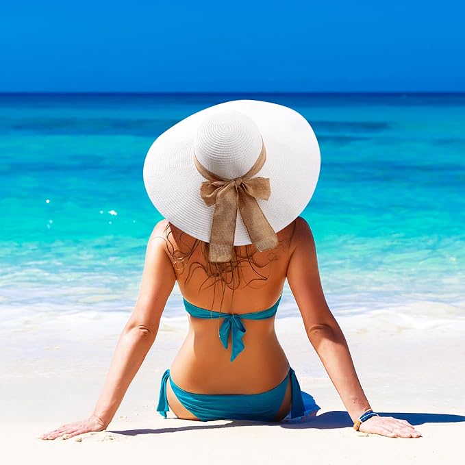 DRESHOW Beach Hats for Women Big Straw Wide Brim Summer Hat Floppy Foldable - Image 3
