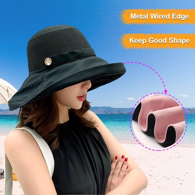 Women Wide Brim Sun Hats Metal Wired Edge Summer UV Protection Beach Fishing Hat - Image 3