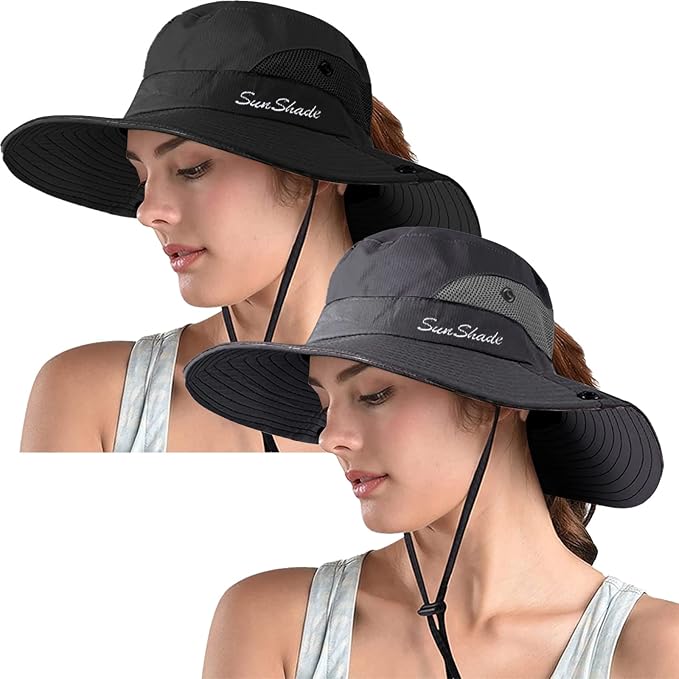ZOORON Women's Ponytail Safari Sun Hat, Wide Brim UV Protection Outdoor Bucket by ZOORON