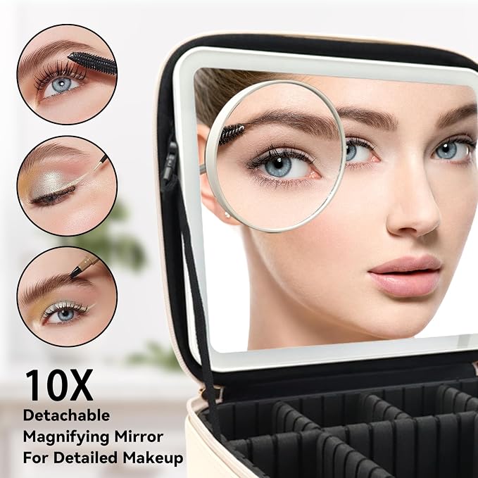 Travel Makeup Bag with LED Mirror and 10x magnifying glass with 3 Lighted - Image 2