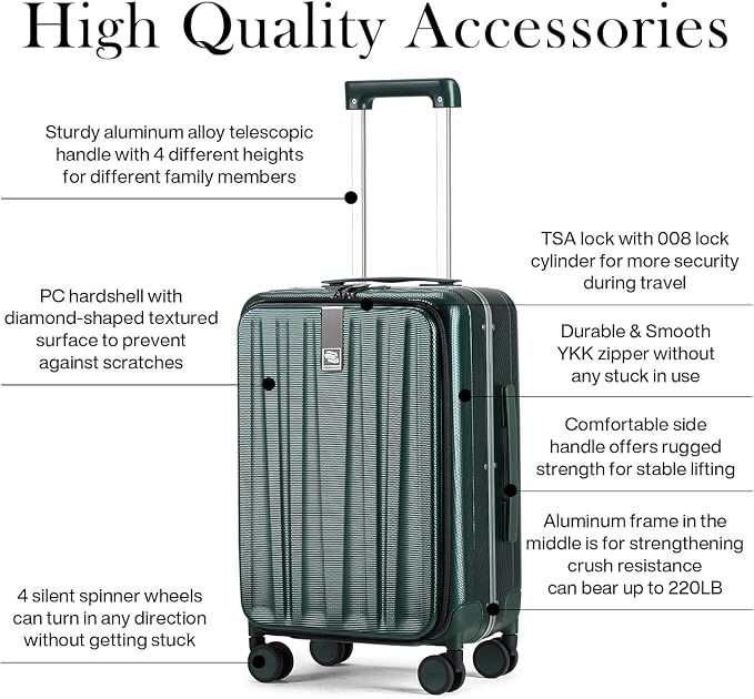 Hanke 20 Inch Carry On Luggage Aluminum Frame Front Opening Rolling Suitcase PC - Image 6