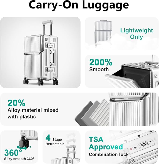 Hard Shell Luggage 20 Inch Travel Suitcase, ABS Aluminum Frame, Lightweight - Image 4
