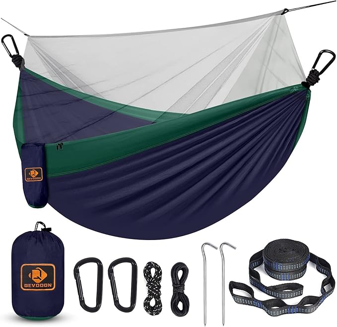 Camping Hammock with Net, Travel Portable Lightweight Hammocks with Tree Straps by QEVOOON