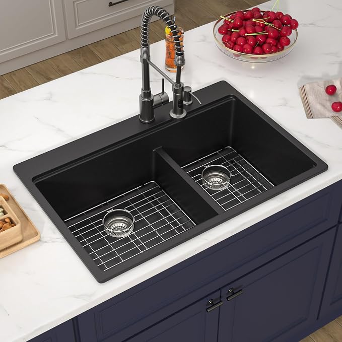 33 Inch Drop in Granite Composite Black Kitchen Sink-Donsdey Double Bowl - Image 4