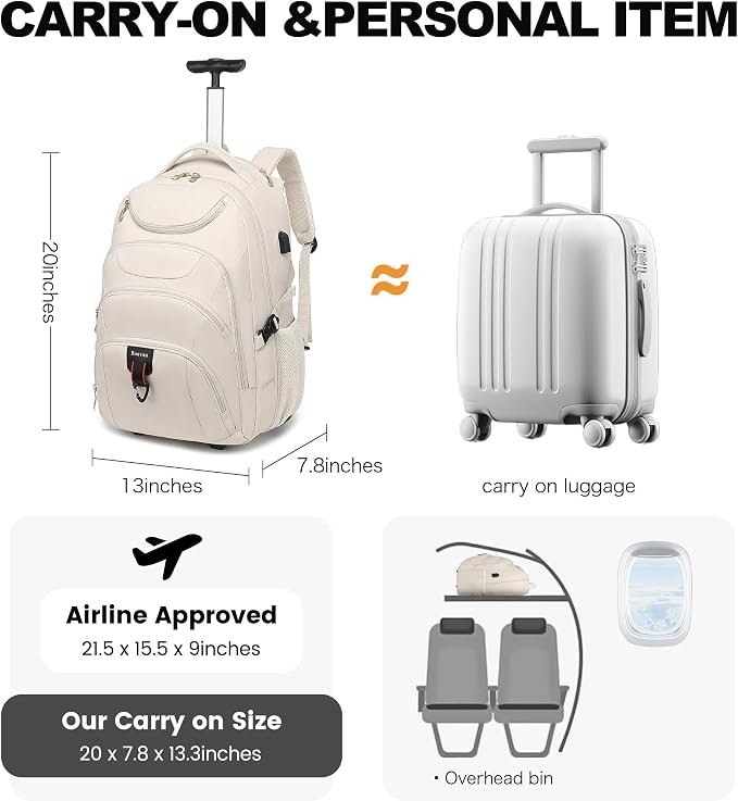 Boavan Rolling Backpack for Women, 17.3 Inch Wheeled Laptop Backpack, Large - Image 8