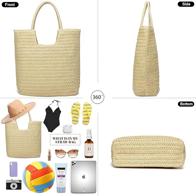 Straw Beach Bags for Women Woven Beach Tote Bag Casual Boho Large Shoulder - Image 3