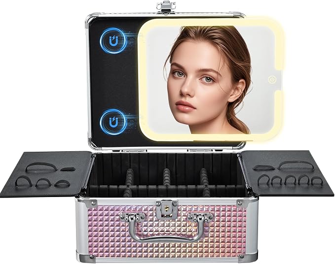 Makeup Case with Magnetic Lighted Mirror Makeup Organizer Box Travel Cosmetic by Faquenc
