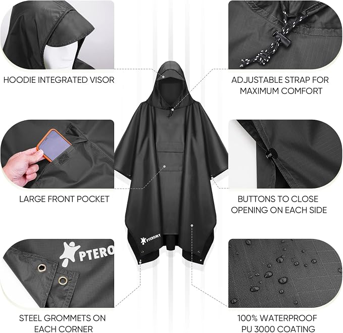 PTEROMY Hooded Rain Poncho for Adult - Image 6