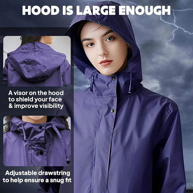 ANYOO Waterproof Rain Poncho Lightweight Reusable Hiking Hooded Coat Jacket - Image 4
