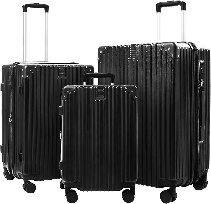 3-Piece Expandable Luggage Set Suitcase in Classic Black -Double Wheel by SONSENAI