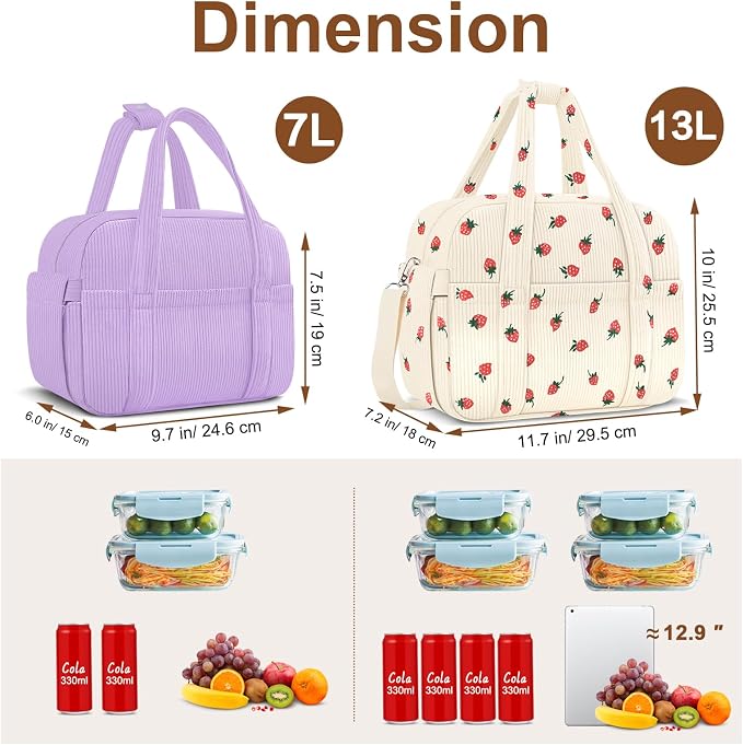 Corduroy Lunch Box Lunch Bag for Women Men, Cute Strawberry Small Insulated - Image 6