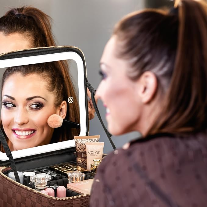 Makeup Travel Train Case with Mirror LED Light 3 Adjustable Brightness Large - Image 6