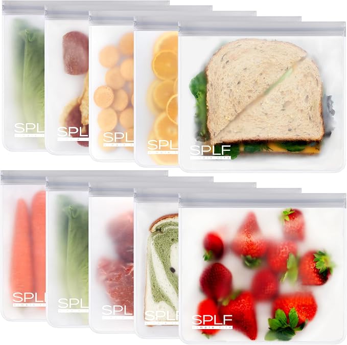 SPLF 10 Pack Reusable Sandwich Bags Dishwasher Safe, Reusable Quart Freezer Bags by SPLF