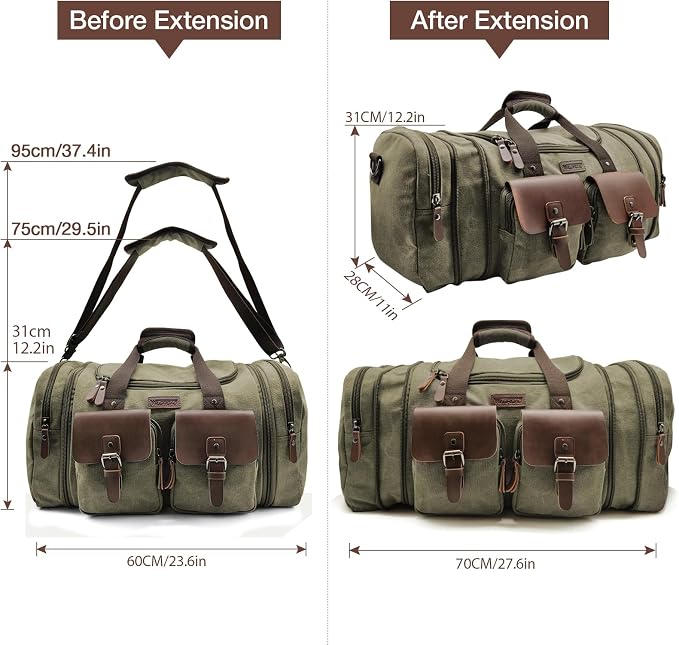 Wildroad 60L Travel Duffel Bag, Expandable Canvas Genuine Leather Duffle Bag - Image 5