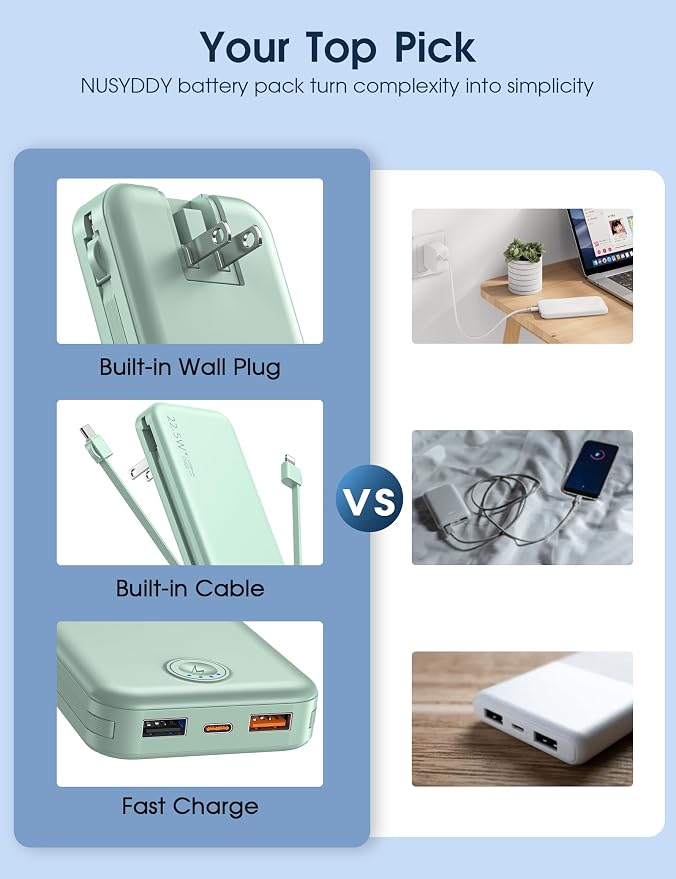 Portable Charger with Built in Cable and AC Wall Plug, USB C Power Bank - Image 3
