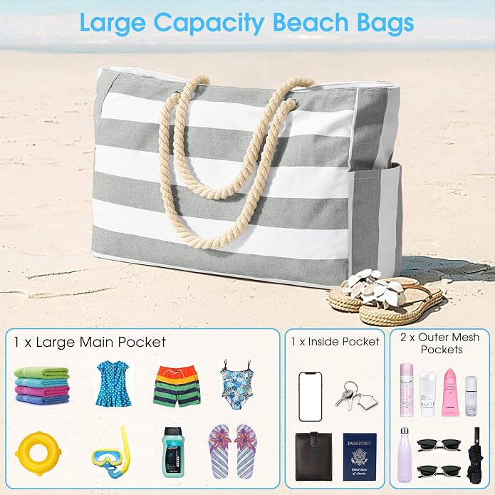 Becokan Beach Bags for Women Large Waterproof Beach Tote Bag Zipper Beach Bags - Image 7
