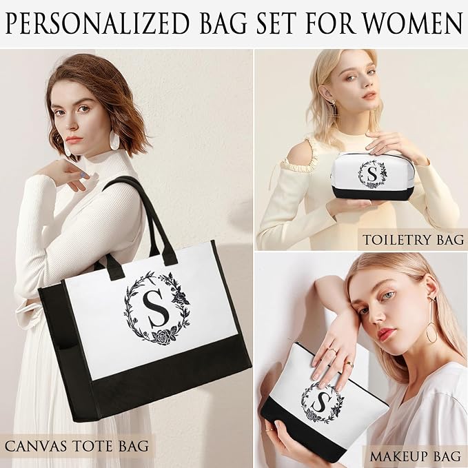 Personalized Christmas Gifts for Women, Initial Canvas Tote Bag & Makeup Bag - Image 3