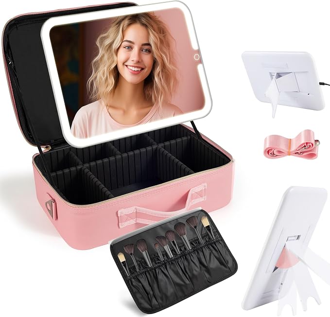 Large Travel Makeup Bag with LED Mirror, 3-Color Stepless Dimming Stand Mirror by saiggnyyVANITYMIRROR