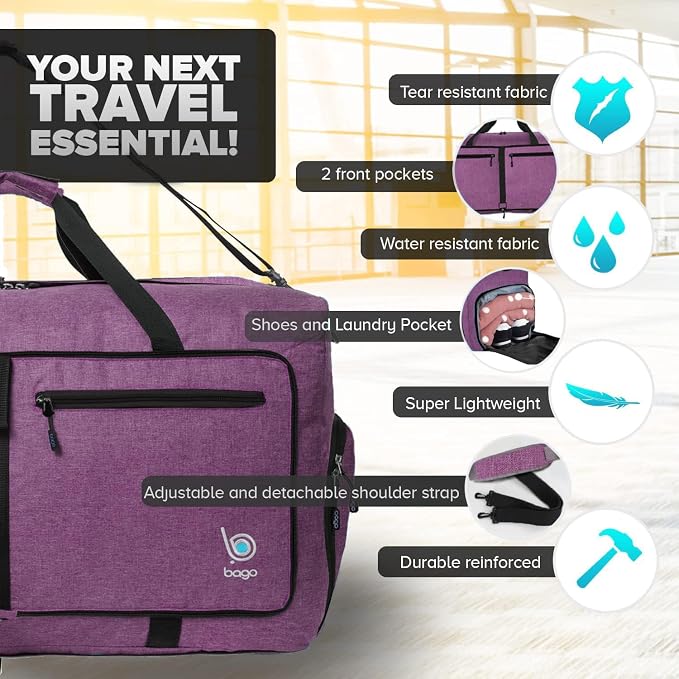 Bago Foldable Duffel Bags for Traveling Women & Men - 60L Medium Packable - Image 3