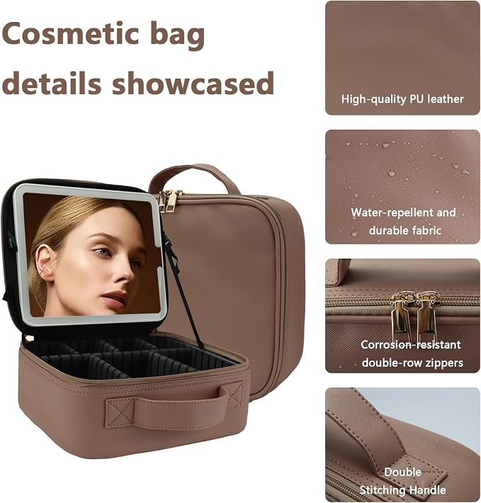 Travel Makeup Bag with LED Lighted Mirror, Travel Makeup Organizer, 3 Color - Image 6