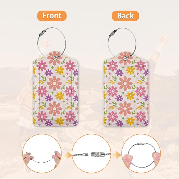 3 Pcs Luggage Tag for Suitcases, Flowers Hippie Wavy Swirl Checkered Leather - Image 3
