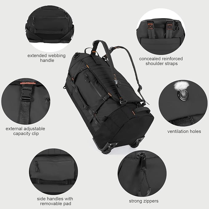 Rolling Duffle Bag with Wheels, 86L 30”Folding Duffle Backpack with 2 Wheels - Image 2