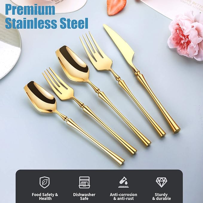 20-Piece Gold Silverware Set for 4, Modern 18/10 Stainless Steel Flatware Set - Image 3