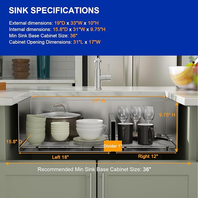 Dcolora 33 Inch Double Bowl Kitchen Sink Undermout Workstation 16 Gauge - Image 6