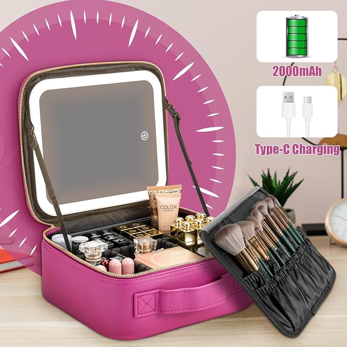 Makeup Travel Train Case with Mirror LED Light 3 Adjustable Brightness Large - Image 5