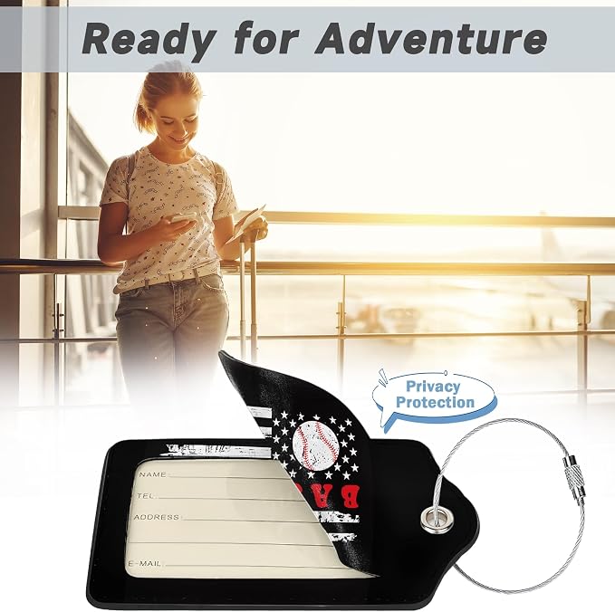 2 Pack Leather Luggage Tag for Suitcase Vintage Baseball American Flag Unique - Image 5