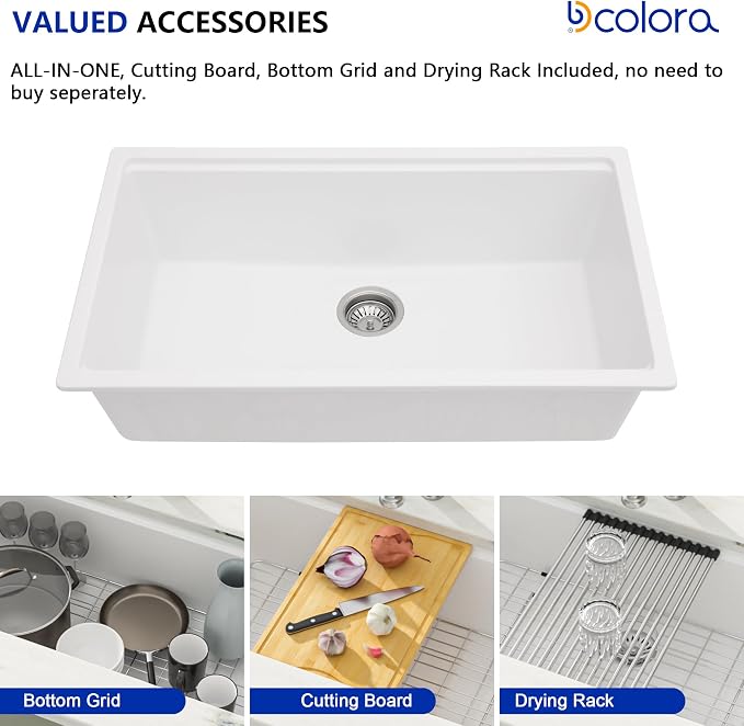 Dcolora 32-Inch Granite Composite White Kitchen Sink, Single Bowl Undermount - Image 6