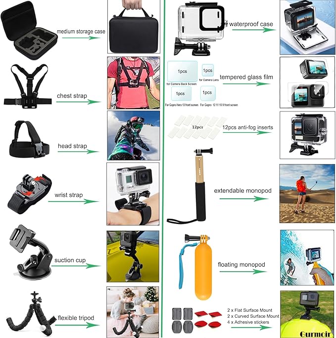 Gurmoir Accessory Pack for Go Pro 13 12 11 10 9 Hero, Full Essential - Image 5