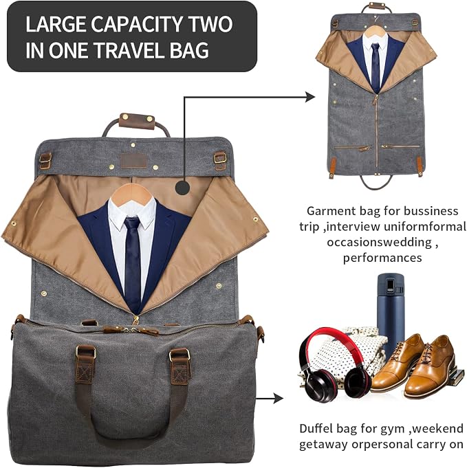 2 in 1 Canvas Leather Suit Luggage Garment Bag - Image 5