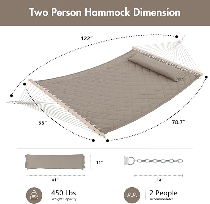 ANOW Double Hammock with Spreader Bars and Detachable Pillow, 2 Person Hammock - Image 6