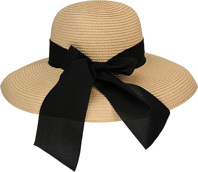 Surblue Straw Summer Hat Women's Floppy Sun Hat Wide Brim Beach Bow Hat by SURBLUE