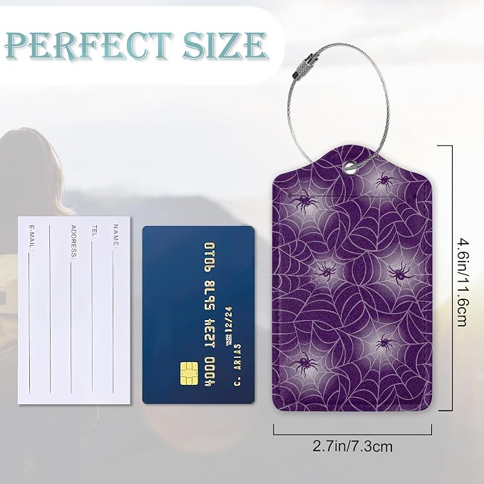Halloween Luggage Tags Set of 2 Purple Spider Web Leather Suitcase Tags - Image 3