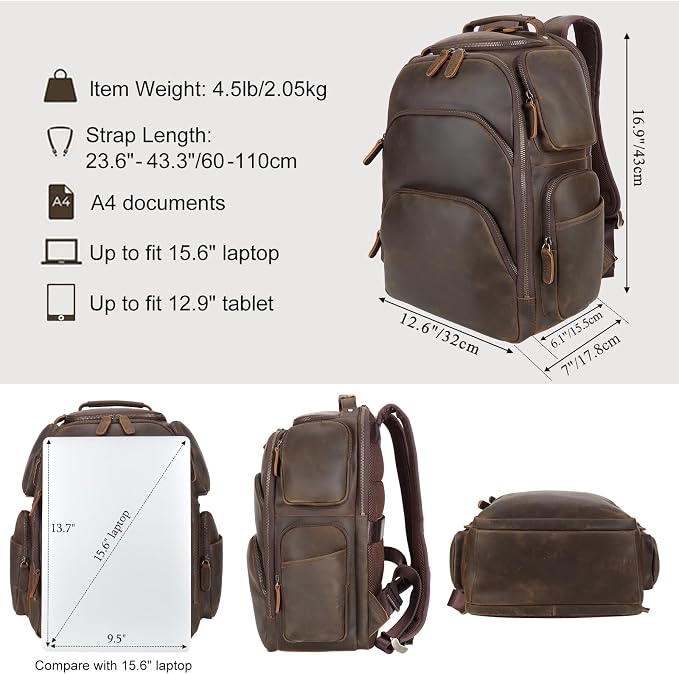 TIDING Vintage Full Grain Leather 16 Inch Laptop Backpack - Image 5