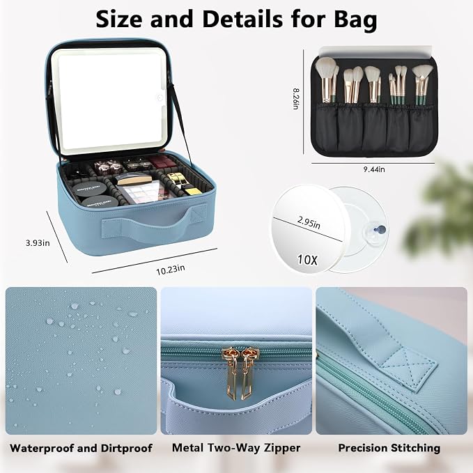 Travel Makeup Bag with LED Mirror and 10x magnifying glass with 3 Lighted - Image 5