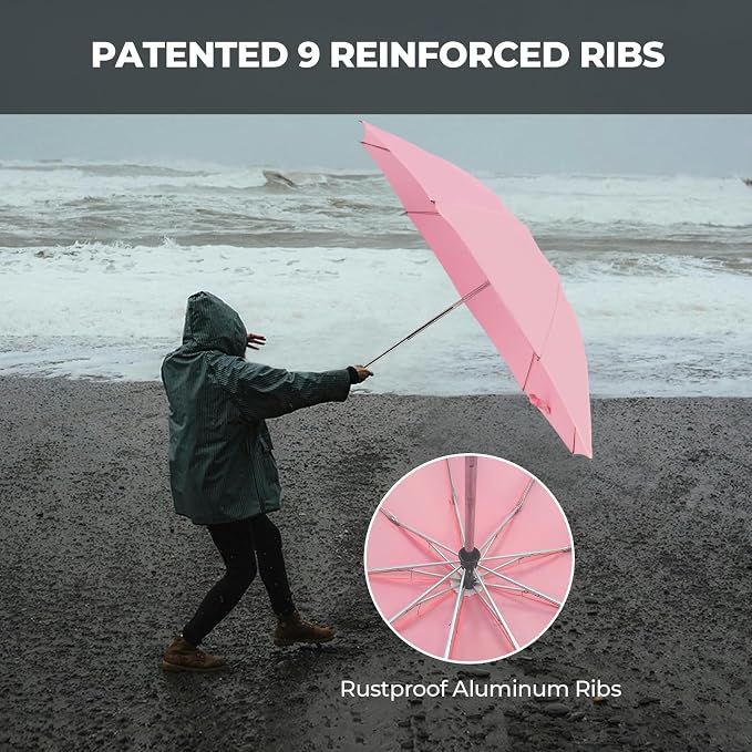 Compact Inverted Travel Umbrella, Automatic Open Close, 9-Rib 46 Inch Windproof - Image 3