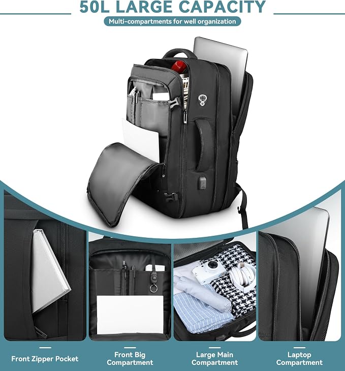 Travel Backpack, 50L Expandable Extra Large Laptop Backpack, Carry On Backpack - Image 5