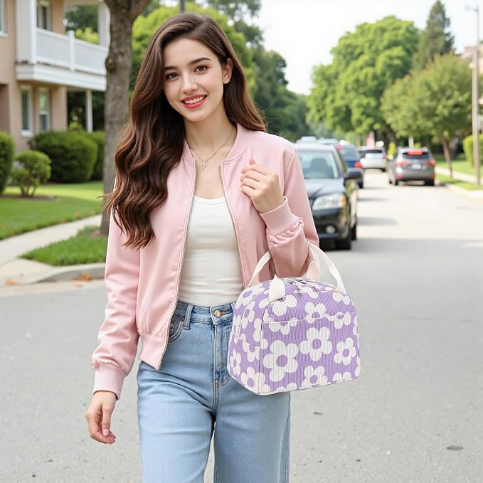 Bluboon Lunch Bag for Women Men Cute Corduroy Lunch Tote Bags Reusable - Image 2