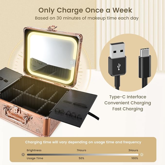 Makeup Case with Magnetic Lighted Mirror Cosmetic Train Box Detachable LED - Image 9